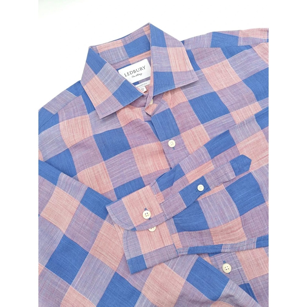 Ledbury Mens 15.5x35 Blue Red Check Classic Fit Dress Shirt Button Up Cotton